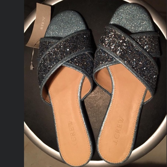 NWT J.Crew Blue Glitter Slipper Slides - Picture 3 of 4